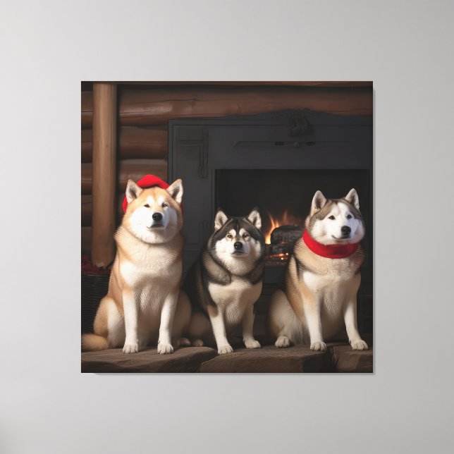Akita by the Fireplace Christmas  Canvas Print (Front)
