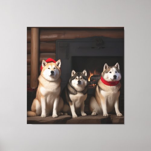 Akita by the Fireplace Christmas  Canvas Print