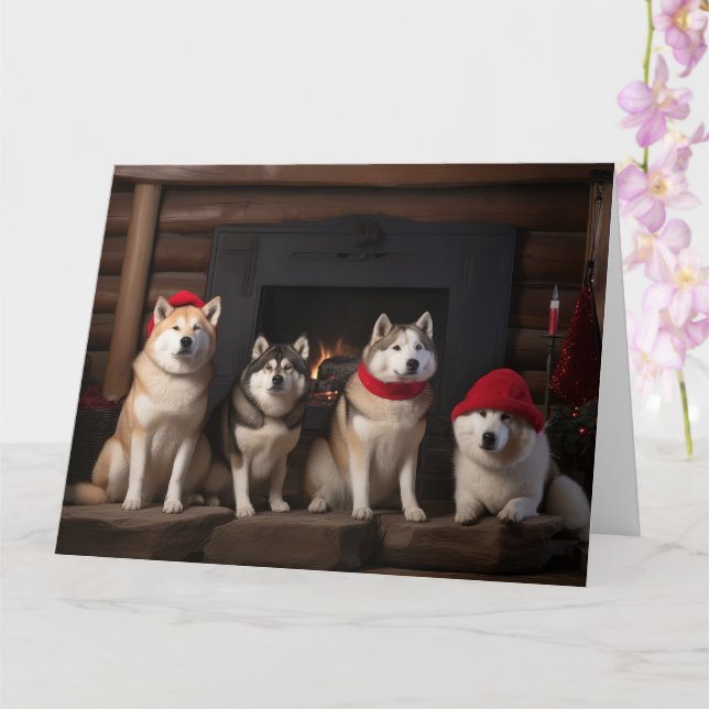Akita by the Fireplace Christmas  Card (Orchid)
