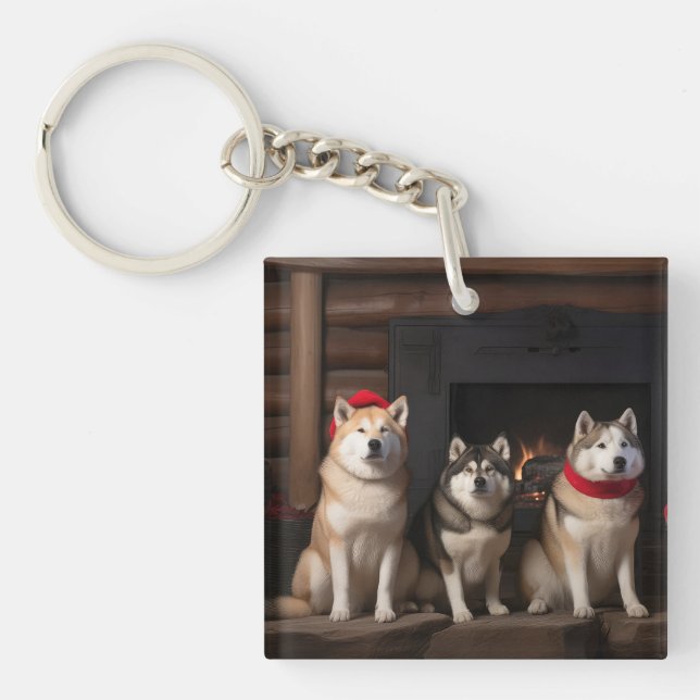 Akita by the Fireplace Christmas  Keychain (Front)