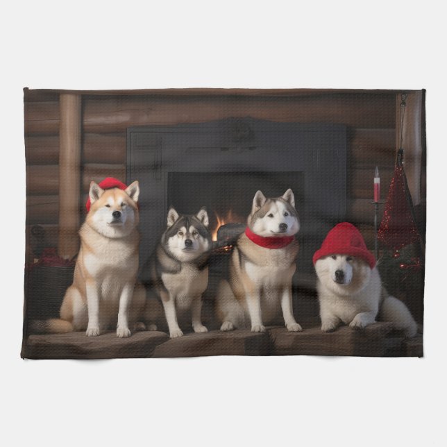 Akita by the Fireplace Christmas  Kitchen Towel (Horizontal)