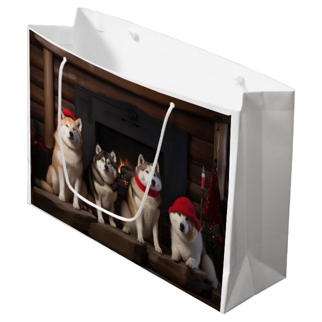 Akita by the Fireplace Christmas  Large Gift Bag (Front Angled)
