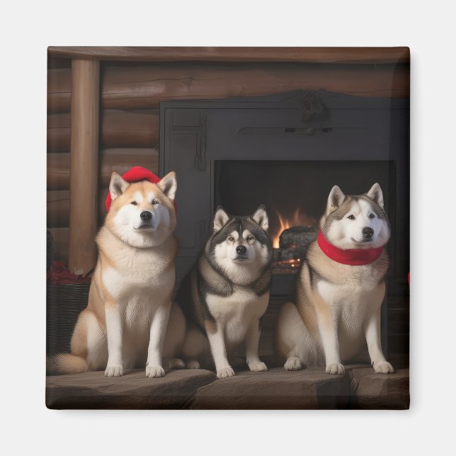 Akita by the Fireplace Christmas  Magnet (Front)
