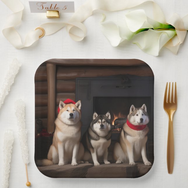 Akita by the Fireplace Christmas  Paper Plates (Wedding)
