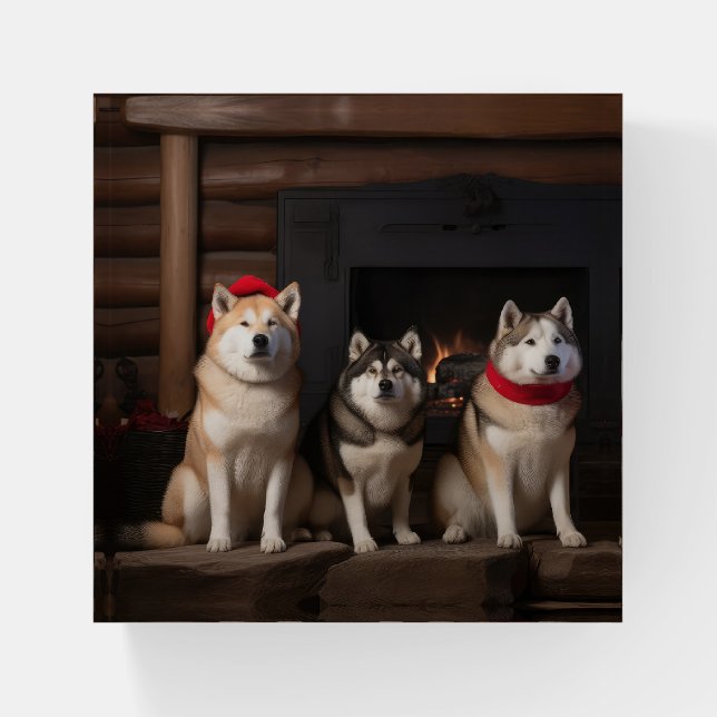 Akita by the Fireplace Christmas  Paperweight (Front)