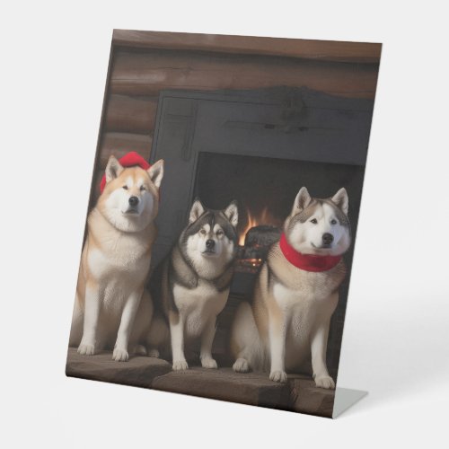 Akita by the Fireplace Christmas  Pedestal Sign
