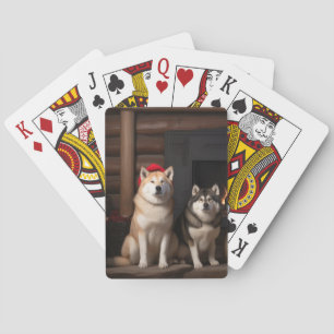 Akita by the Fireplace Christmas Poker Cards