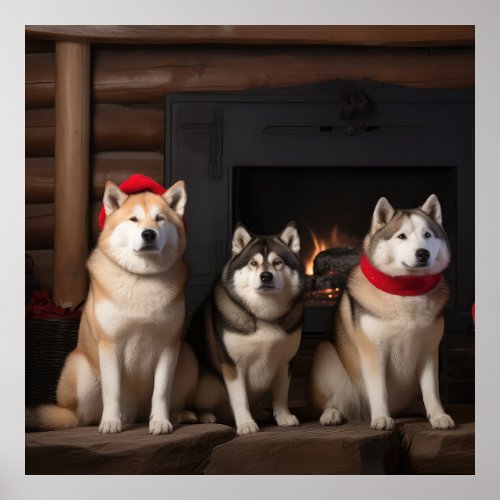 Akita by the Fireplace Christmas  Poster