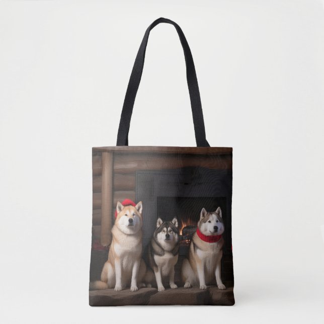 Akita by the Fireplace Christmas  Tote Bag (Front)
