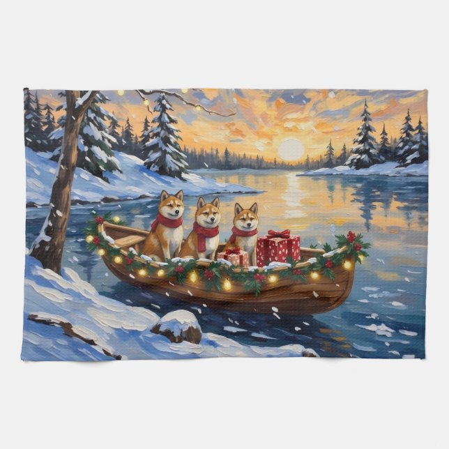 Akita Christmas Boat Holiday Kitchen Towel (Horizontal)