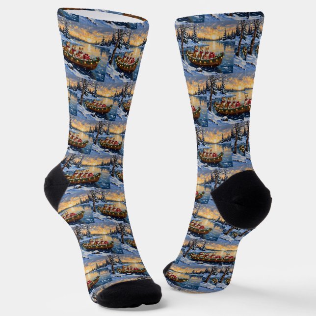 Akita Christmas Boat Holiday Socks (Angled)