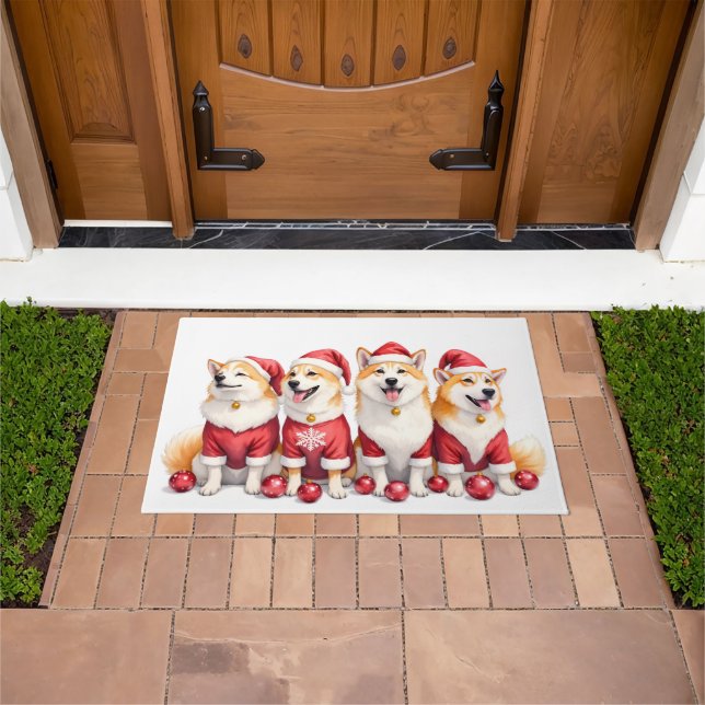 Akita Christmas Dress Santa Hat Doormat (Outdoor)