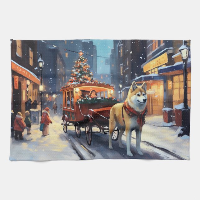 Akita Christmas Festive Season Kitchen Towel (Horizontal)