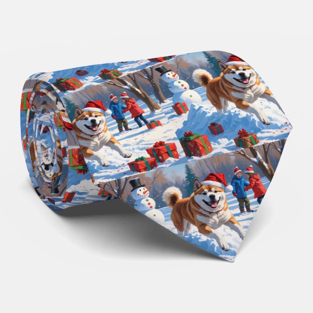Akita Christmas Festive Snow Scene  Neck Tie (Rolled)