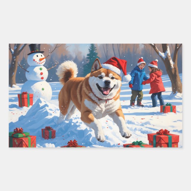 Akita Christmas Festive Snow Scene  Rectangular Sticker (Front)