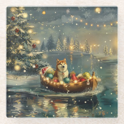 Akita Christmas Festive Voyage Glass Coaster