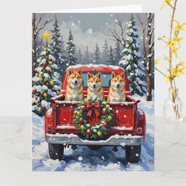 Akita Christmas Red Truck Holiday Card (Yellow Flower)