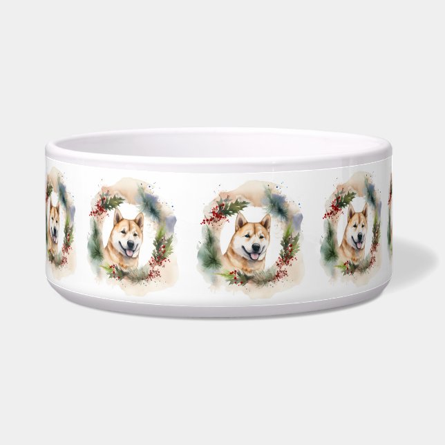 Akita Christmas Wreath Festive Pup Bowl (Left)