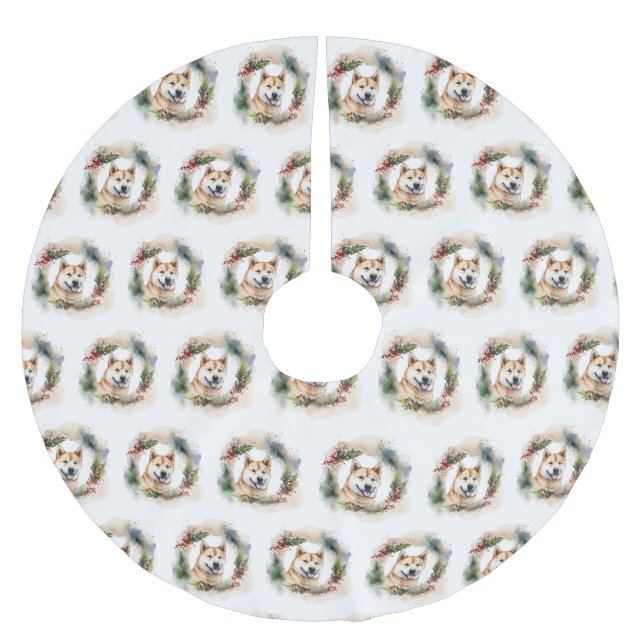 Akita Christmas Wreath Festive Pup Brushed Polyester Tree Skirt (Front)