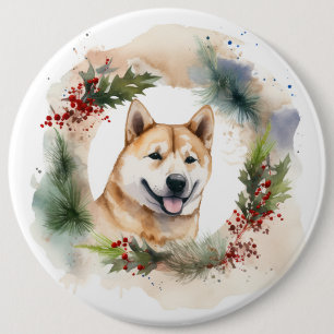Akita Christmas Wreath Festive Pup Button