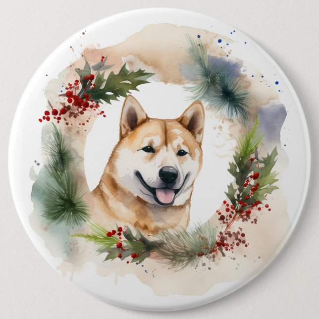 Akita Christmas Wreath Festive Pup Button (Front)