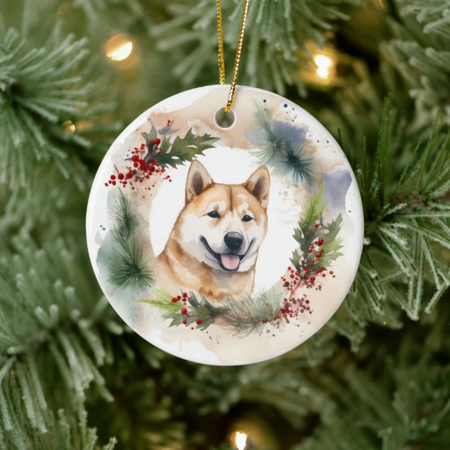 Akita Christmas Wreath Festive Pup Ceramic Ornament (Tree)