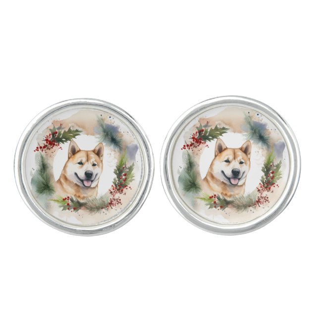 Akita Christmas Wreath Festive Pup Cufflinks (Front)