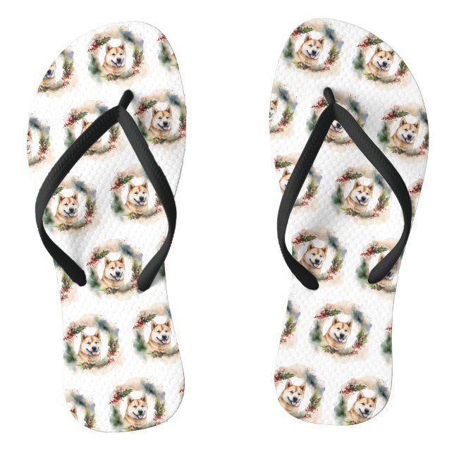 Akita Christmas Wreath Festive Pup Flip Flops (Footbed)