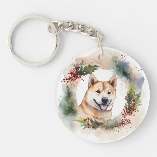 Akita Christmas Wreath Festive Pup Keychain (Front)