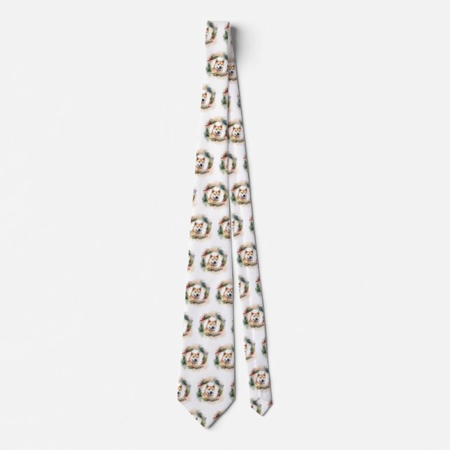 Akita Christmas Wreath Festive Pup Neck Tie (Front)