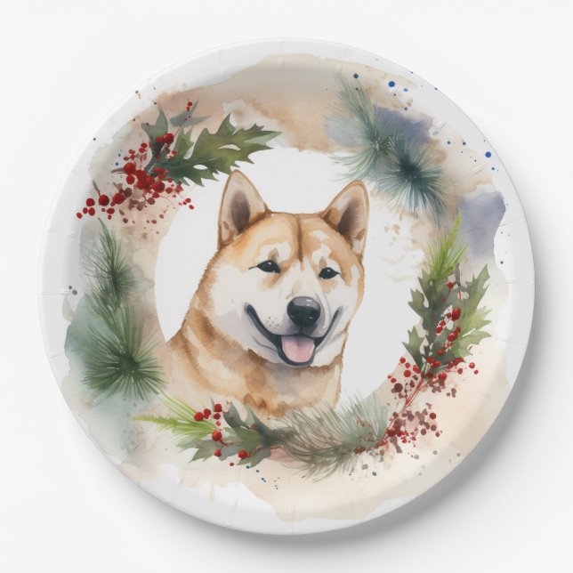Akita Christmas Wreath Festive Pup Paper Plates (Front)