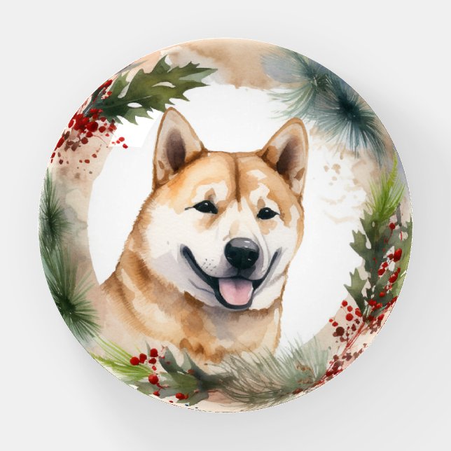Akita Christmas Wreath Festive Pup Paperweight (Front)