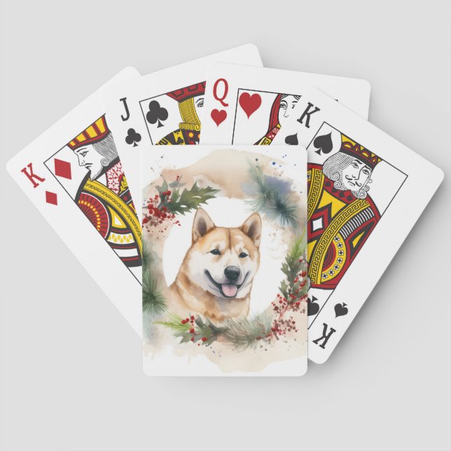 Akita Christmas Wreath Festive Pup Poker Cards (Back)