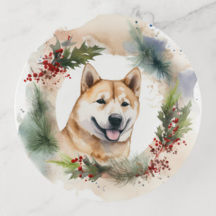 Akita Christmas Wreath Festive Pup Trinket Tray