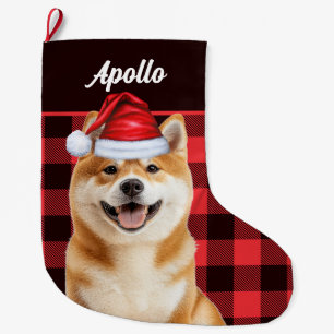 Akita Cute Dog Red Buffalo Plaid with Name Large Christmas Stocking