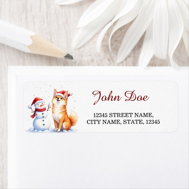 Akita Dog and Snowman Cute Christmas Custom Return Label (Insitu)