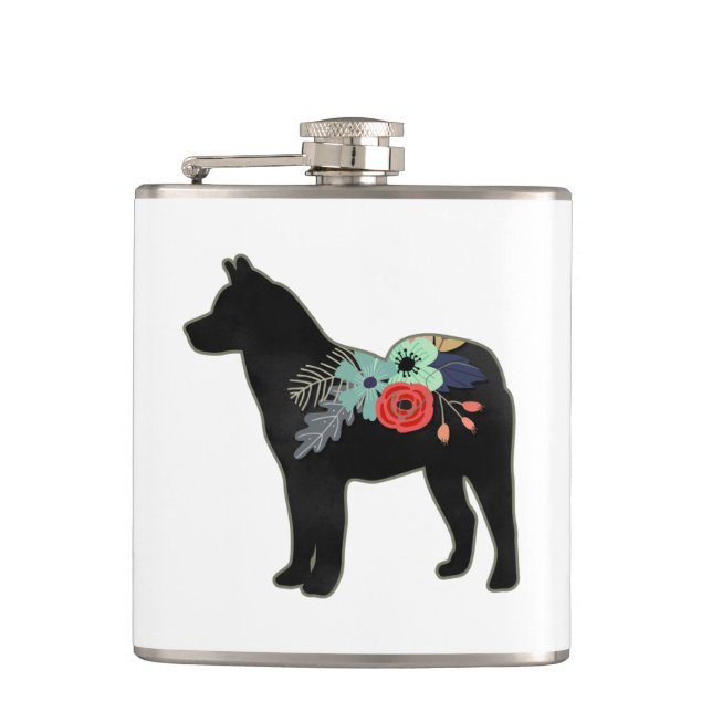 Akita Dog Breed Boho Floral Silhouette Flask (Front)