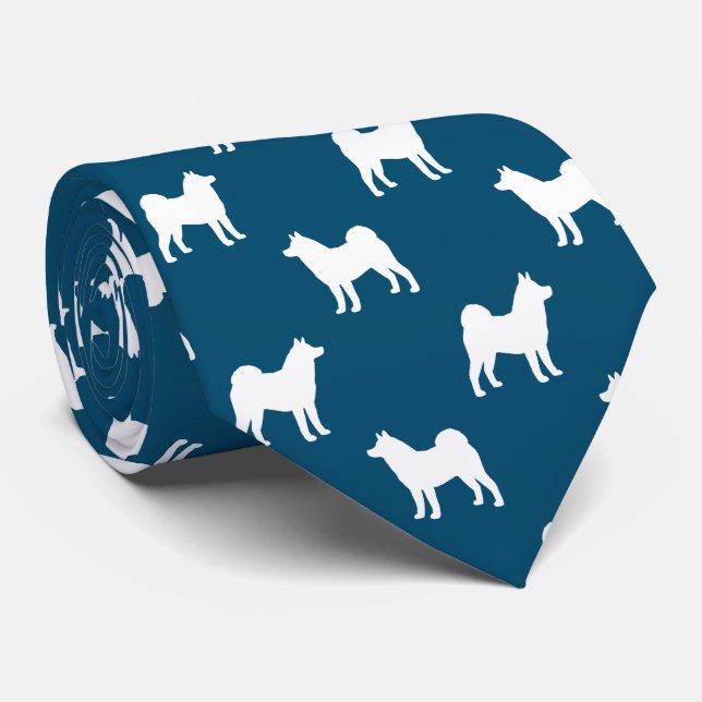 Akita Dog Breed Silhouettes Pattern Blue and White Neck Tie (Rolled)