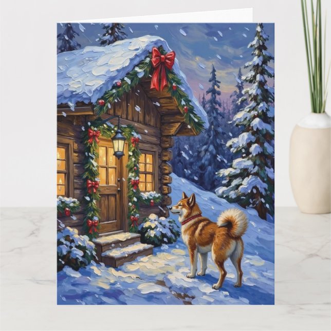 Akita Dog Christmas Log Cabin Holiday Card (Front)