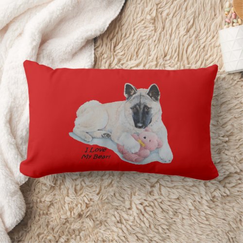 Akita dog cuddling pink teddy bear pet portrait lumbar pillow