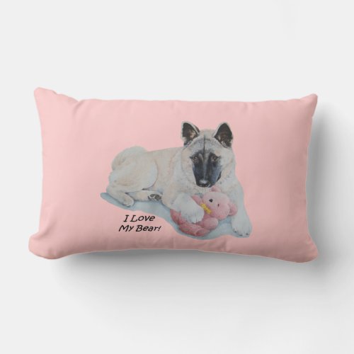 Akita dog cuddling pink teddy bear pet portrait lumbar pillow