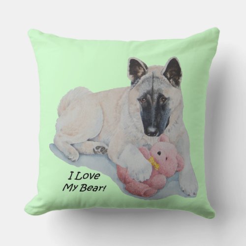 Akita dog cuddling pink teddy bear pet portrait throw pillow