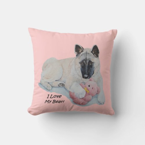 Akita dog cuddling pink teddy bear pet portrait throw pillow