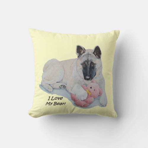 Akita dog cuddling pink teddy bear throw pillow