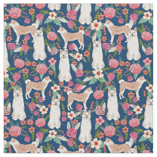 akita dog florals navy fabric