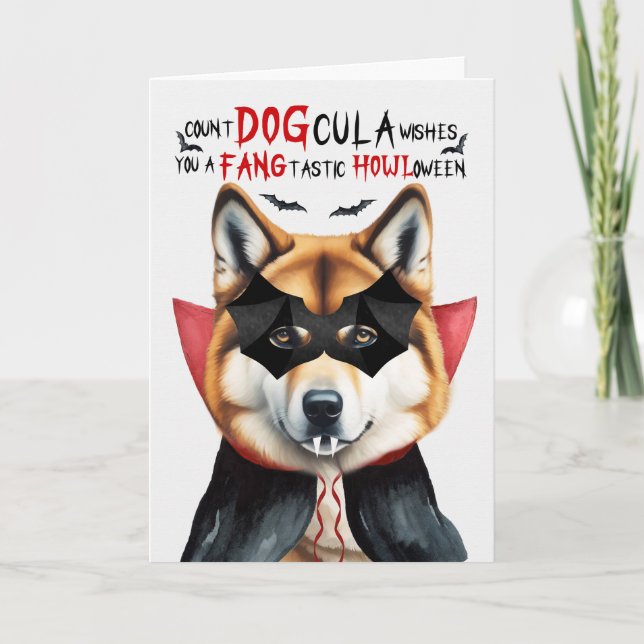 Akita Dog Funny Count DOGcula Halloween Holiday Card (Front)