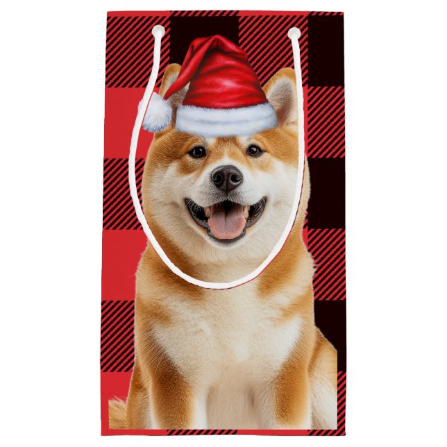 Akita Dog Holiday Red Buffalo Plaid Christmas Small Gift Bag (Front)