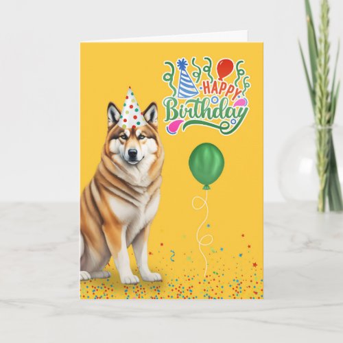 Akita Dog in Party Hat on Yellow Birthday Card