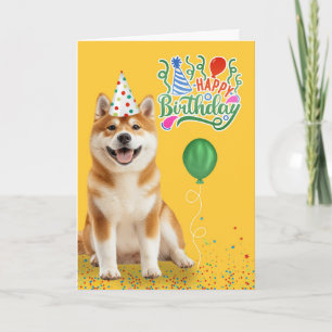 Akita Dog in Party Hat on Yellow Birthday Card