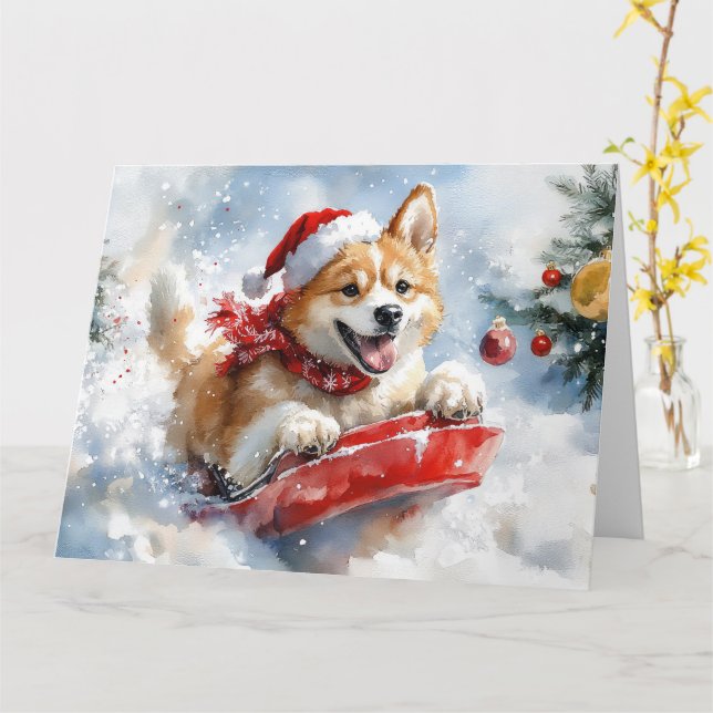 Akita Dog in Sledge Let it Snow Christmas Card (Yellow Flower)